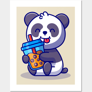 Cute Panda Hug Boba Milk Tea Cartoon Posters and Art